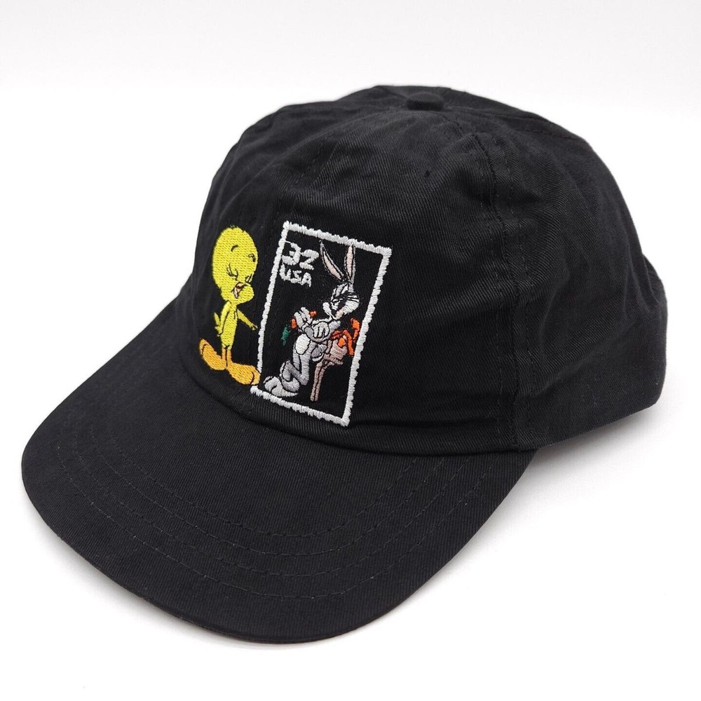 VTG Looney‎ Tunes Snapback Hat Black Stamp Collection Bugs Bunny Tweety Bird Cap